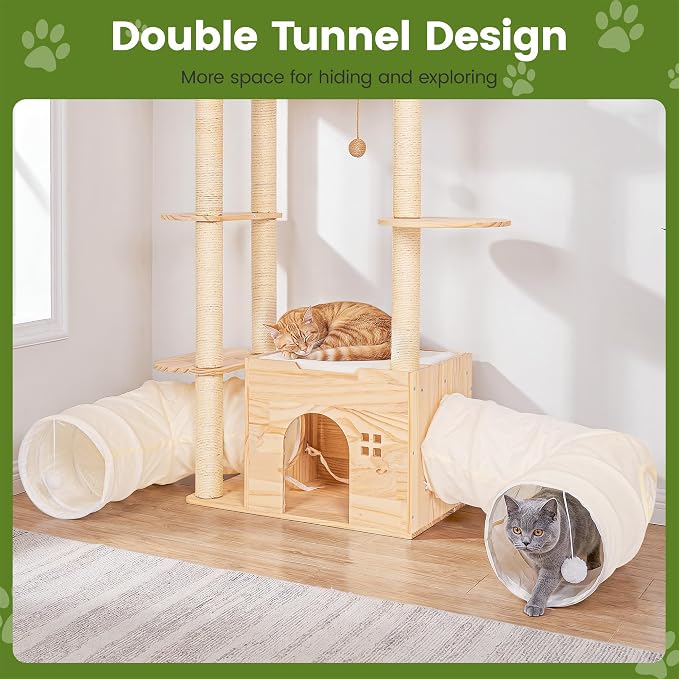 58 Inch Large Solid Wood Cat Tree, Tall Cat Tower for Indoor Cats, Cat Tree House with Double Tunnels, Sisal Scratching Posts, Washable Cushion, Hanging Balls, Natural - Image 4