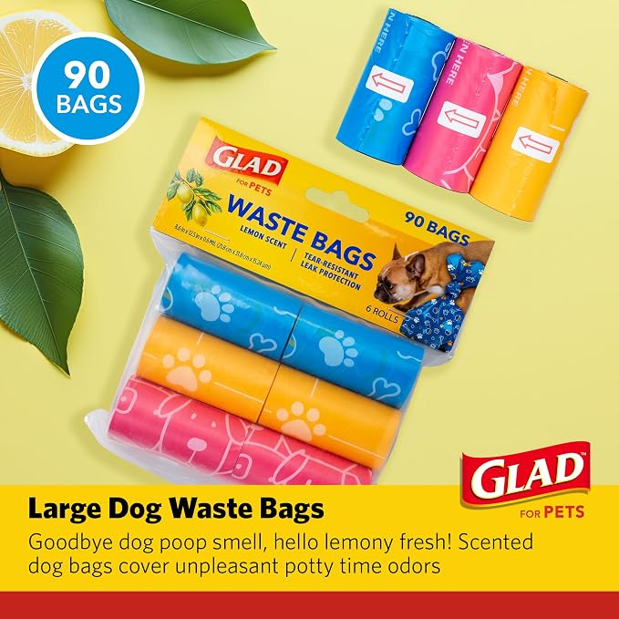 Glad for Pets Scented Dog Waste Bags, Lemon Scent, Multicolor, 90 Count | Tear-resistant with leak protection, lemon fresh scent, fun multicolor design, 6 rolls, heavy-duty daily use - Image 2
