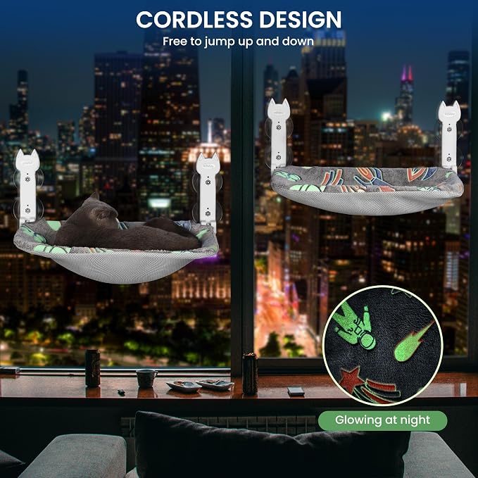 HiPetpy 2-Pack Large Cat Window Perch, Cordless Foldable Cat Hammock | Glow in the dark fabric, removable soft cover, breathable mesh, suction cups, large window cat bed for indoor cats - Image 4