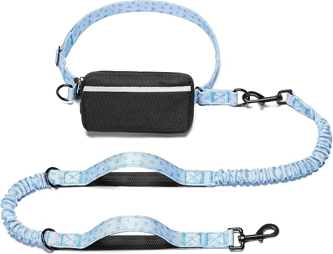 Hands Free Dog Leash with Zipper Pouch, Blue Heart, Large | Waist Leash, Dual Padded Handles, Shock-Absorbing Bungee, Adjustable Waist Belt, Walking and Running by iYoShop
