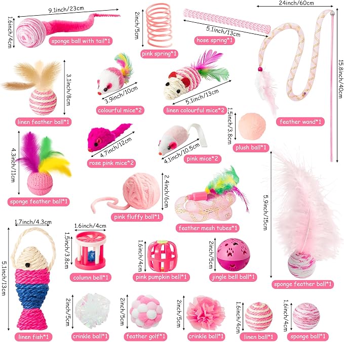 MALLMALL6 Cat Toy Set Interactive Cat Toys 27Pcs Pack Stuff Pink Feather Teaser Wand Springs Mice Sisal Fish Crinkle Balls Bell Balls, Puzzle Pack for Indoor Kitty Play Exercise - Image 5