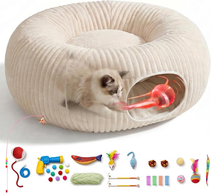 Cat Tunnel Bed with 31 Pcs Interactive Cat Toys, Automatic Cat Toys for Indoor Cats Kittens, Cat Tube with Moving Ball, White by Unknown