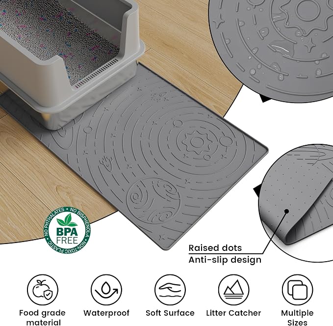 Cat Litter Mat Small 18.9x11.8in, Dark Grey Silicone Rubber Scatter Control Kitty Litter Box Trapping Mat, Waterproof Easy to Clean, Odorless Pet Supplies, Indoor Cat Essentials - Image 4
