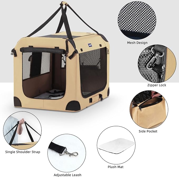 Petprsco Portable Dog Crates for Medium Dogs, 32"x23"x23" Travel Dog Crate | Collapsible Dog Crate with Plush Mat, Soft Blanket & Foldable Bowl, Strong Fabric, 4-Sided Vents, 3 Doors, Indoor/Outdoor Use - Image 3