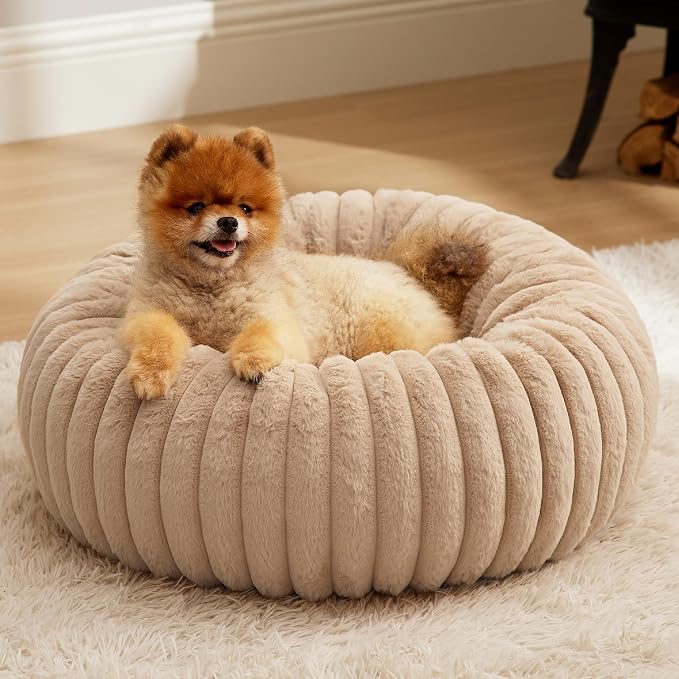 Bedsure ComfyFleece™ Donut Small Dog Bed with Removable Washable Cover | 23x23x7in, Calming Round Cat Beds for Indoor Cats, Support Plush Puppy Bed, Corduroy Fleece,Anti Slip Bottom,Sandy Beige by Unknown
