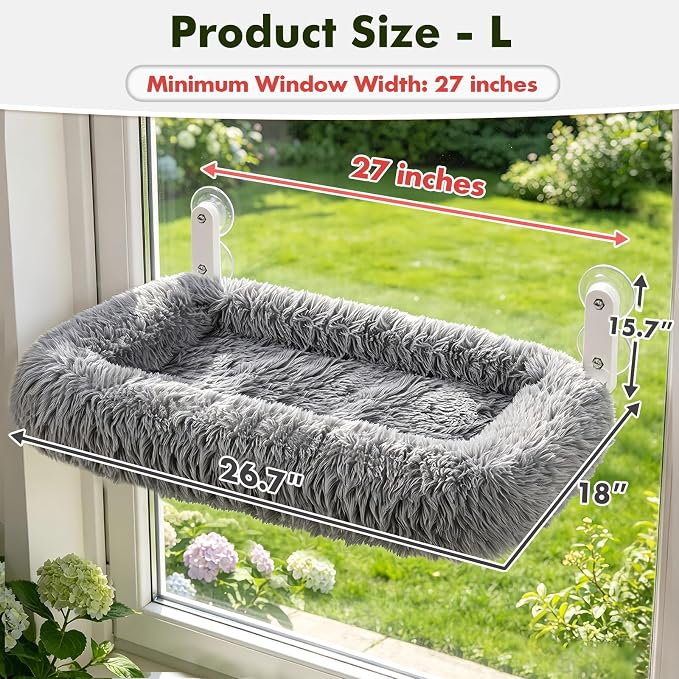 Zoratoo Foldable Cat Window Perch, Widened Cushion Cat Bed for Large Cats | L-Grey, Extra-Thick and Fluffy Bolster, Large Lying Space, Machine Washable, Cat Window Hammock with Sturdy Metal Frame - Image 5