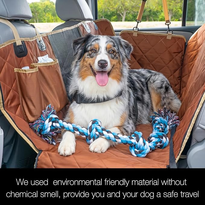 56"Wx60"L Dog Car Seat Cover for SUV & Truck, Heavy Duty 900D Waterproof Pet Hammock with Mesh Window, Odorless Scratchproof Backseat Protector for Large Dogs, Fit Model Y, F-150, RAV4 - Brown - Image 5