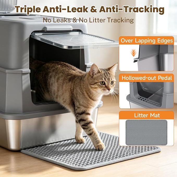 Enclosed Stainless Steel Litter Box, XL Covered MetalPan Includes Mat Scoop | Easy Cleaning Anti-Urine Leakage Non-Sticky Front Entry Top Exit - Image 6