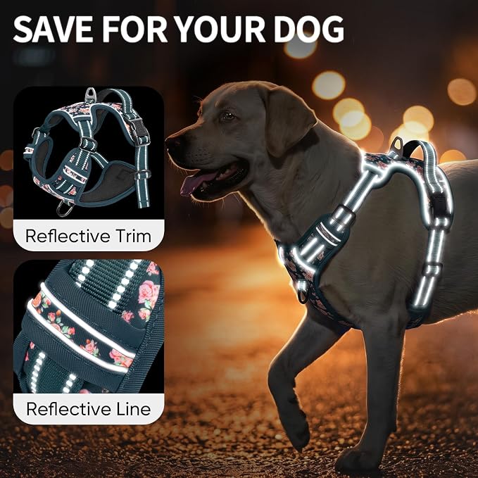 HEELE Dog Harness, Reflective, No Pull No Choke, Flower Blackish Green, M | Front Clip for Medium Dog Harness, 2 Metal Rings with Handle, Adjustable, Soft Breathable Padded Pet Vest for Night Walking - Image 3