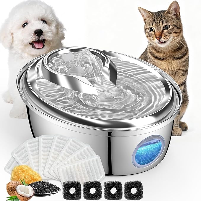 ORSDA Stainless Steel Cat Water Fountain, 100oz/3L Automatic Pet Drinking Fountain, Dog Water Dispenser Bowl with LED Window for Cats and Small & Medium Dogs- 8 Filters +4 Pump Sponges（ D66 by ORSDA