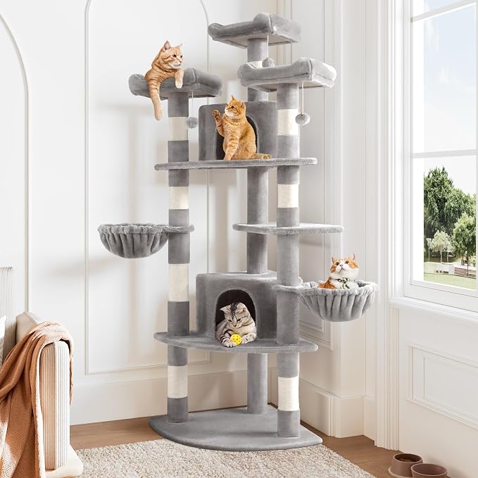 Allewie 73in Fan-Shaped Space-Saving Corner Cat Tower/Multi-Level Tall Cat Tree for Indoor Kitties/Cozy Baskets/Condos/House/Perches/Sisal Scratching Posts/Pet Activity Center/Grey by Allewie