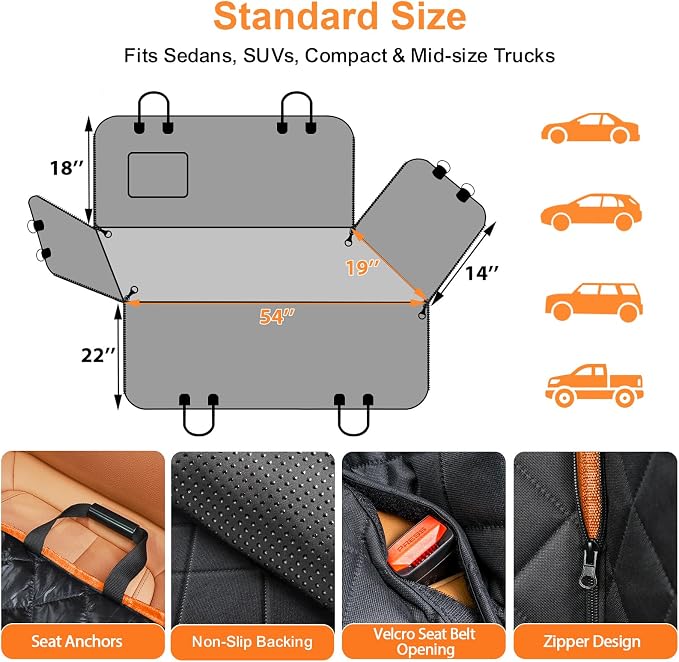 URPOWER Dog Car Seat Cover for Back Seat, Waterproof Hammock for Car & SUV | 600D Oxford, Side Flaps with Zippers, Scratch Resistant, Non-Slip, Easy Install, Machine Washable, Dog Seat Belt Included - Image 5