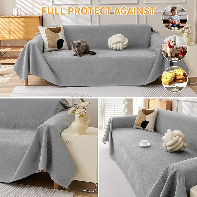 Deep Dream Cat-Scratch Resistant Couch Cover, Waterproof Sofa Cover for 3 Cushion Couch Washable,Pet Friendly Couch Protectors Anti Slip Thickened Sofa Slipcovers for Dogs Pets, 71" x 134",Light Grey - Image 4