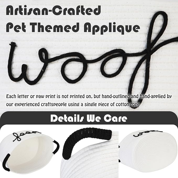 Sea Team Dog Toy Storage Basket with Handles, White Woof | Large Cotton Rope Storage Bin, Shelf Basket, Organizer for Pet Chew Toys, Foods, 16.5 x 11 x 7 Inches, 4.4 Gallons - Image 5