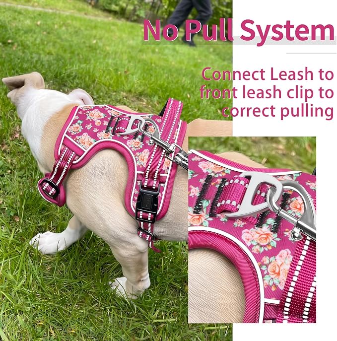 HEELE No Pull Large Dog Harness, Soft Breathable Padded Vest, Flower Rose L | Reflective Front Clip Vest with Control Handle, No Choke, Adjustable 2 Metal Rings for Outdoor Walking Training - Image 4