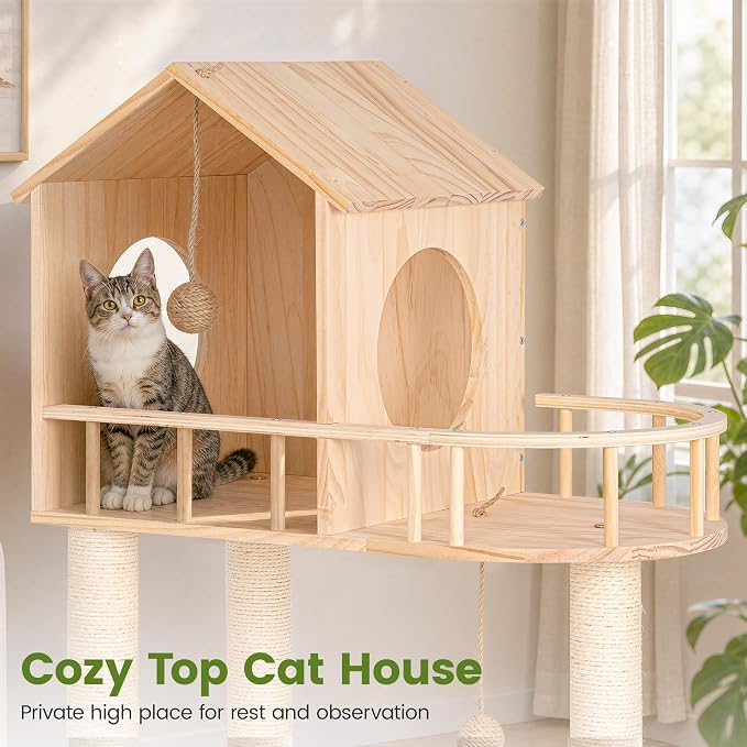 58 Inch Large Solid Wood Cat Tree, Tall Cat Tower for Indoor Cats, Cat Tree House with Double Tunnels, Sisal Scratching Posts, Washable Cushion, Hanging Balls, Natural - Image 5