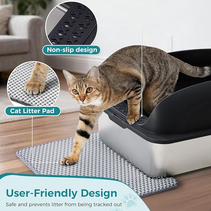 OLIXIS Stainless Steel Large Cat Litter Box with Lid, High Wall Sides | Large Cat Litter Box for Big Cats, Anti-Urine Leakage, Easy Cleaning, Scoop and Mat Included, Black - Image 3