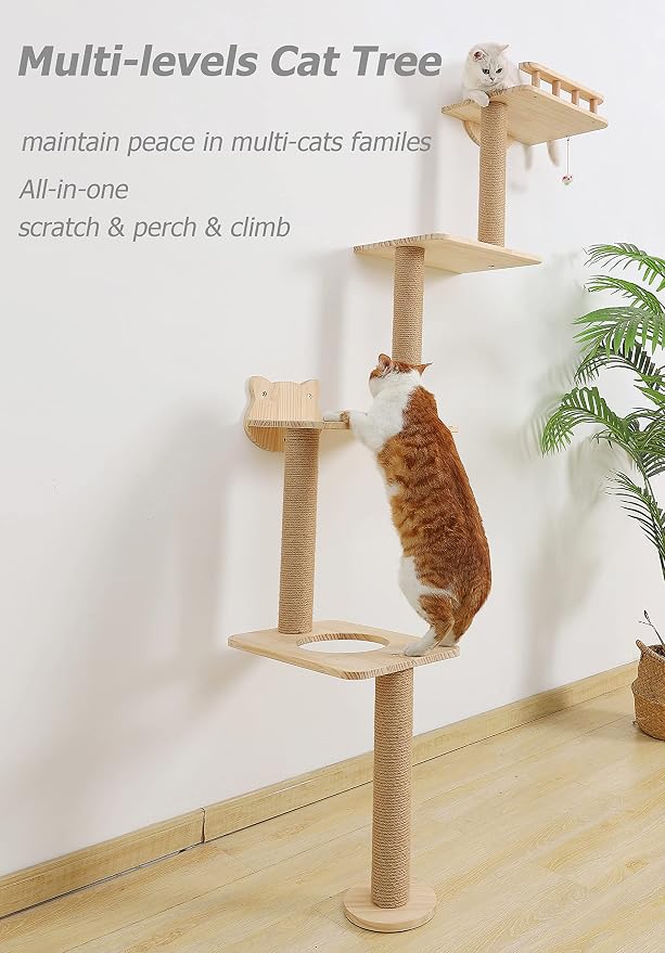 Cat Tree Wall Mounted with 4 Levels Shelves, 73" Wood Corner Tower Inside Kitten Scratching Post for Climbing,Perching and Lounging (Left to Right) - Image 3