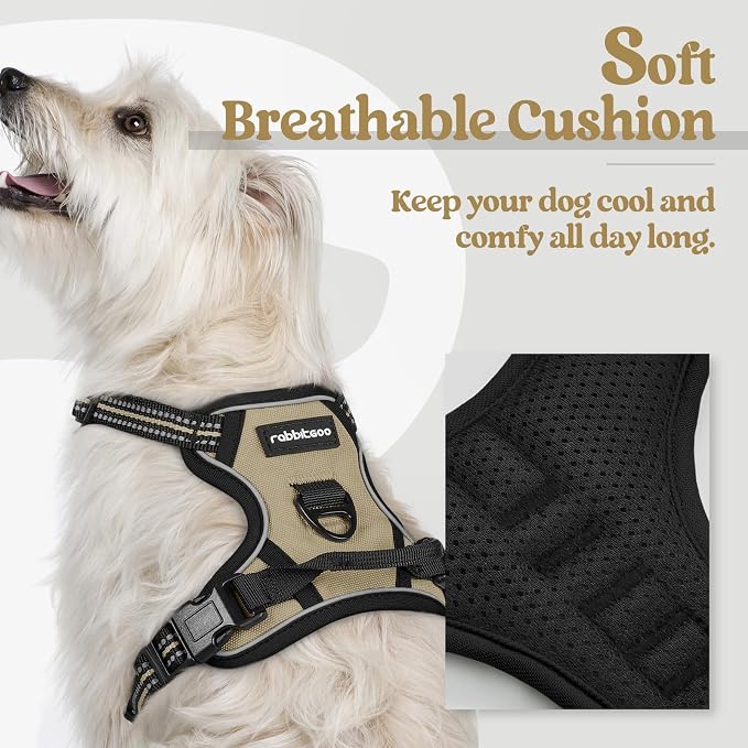 rabbitgoo Dog Harness No Pull with 2 Leash Clips, Adjustable Soft Padded, Reflective Oxford No Choke Pet Vest with Easy Control Handle for Puppy, Beige, XS | No Choke with Handle, Adjustable Soft Padded, Reflective, Easy Control for Walking, Beige, X-S... - Image 2
