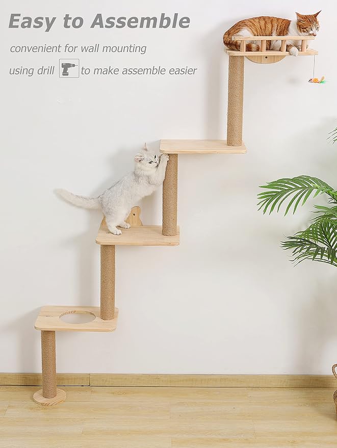 Cat Tree Wall Mounted with 4 Levels Shelves, 73" Wood Corner Tower Inside Kitten Scratching Post for Climbing,Perching and Lounging (Left to Right) - Image 4