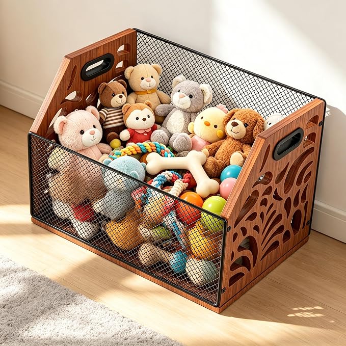 Wooden Mesh Dog Toy Storage Bin with Handles for Pet Supply & Toys | Large capacity holds plush toys, balls, leashes & treats. Clear scattered clutter effortlessly and keep your home tidy. - Image 4