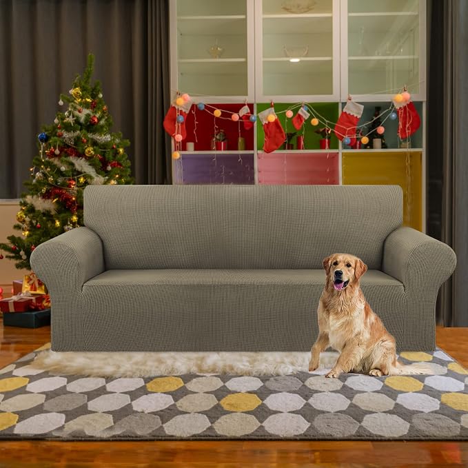 KEKUOU Stretch Couch Covers for Sofa, 3 Cushion Couch Slipcover,Khaki | 1-Piece Washable Sofa Cover Pet Friendly(78"-94") Furniture Protector Soft Jacquard, Elastic Bottom for Dogs & Kids - Image 2
