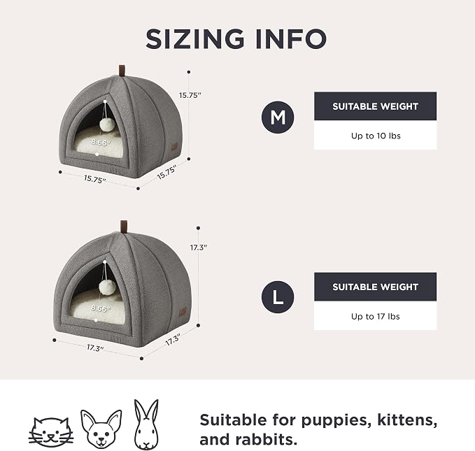 Bedsure 2in1 Cat Beds for Indoor Cats Cave for Kitten with Washable Pillow | 17.3in, Cat House for Small Dog, Covered Cat Tent, Foldable Hideaway, Fluffy Ball, Anti Slip Bottom,Removable Cushioned ,Grey - Image 5