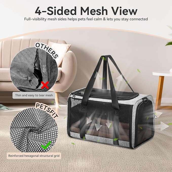 PETSFIT Cat Carrier Soft with Patented Safety Buckles,Safe for Car Travel | Lockable Zippers, Safety Tether, Escape-Resistant Pet Carrier for Vet Visits, Airline Approved Under-Seat, Up to 12 lbs - Image 6