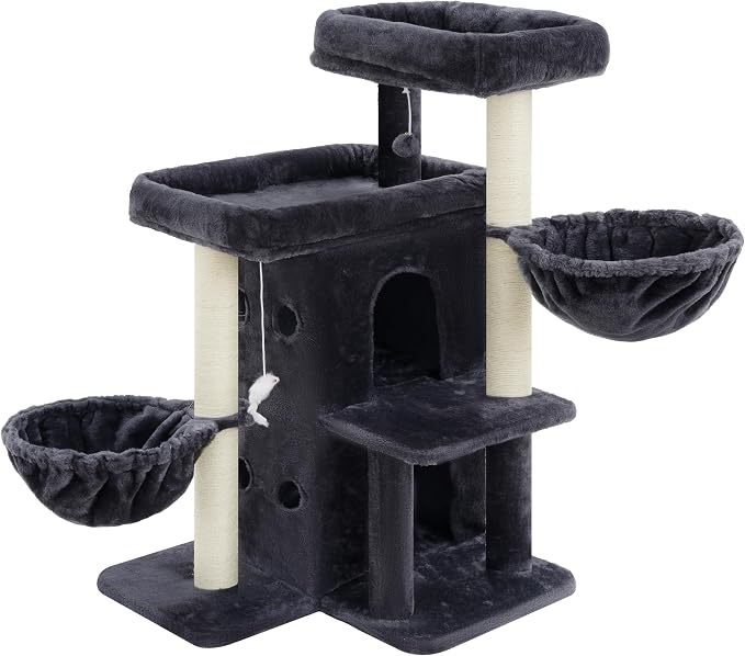 Heybly Cat Tree with Reinforced Big Base, 41.3 in Sturdy Cat Tower HCT075G | Indoor Cat Furniture Featuring 2 Roomy Platforms, Double Condos, 2 Cozy Baskets, Full Sisal Scratching Posts, Smoky Gray - Image 4