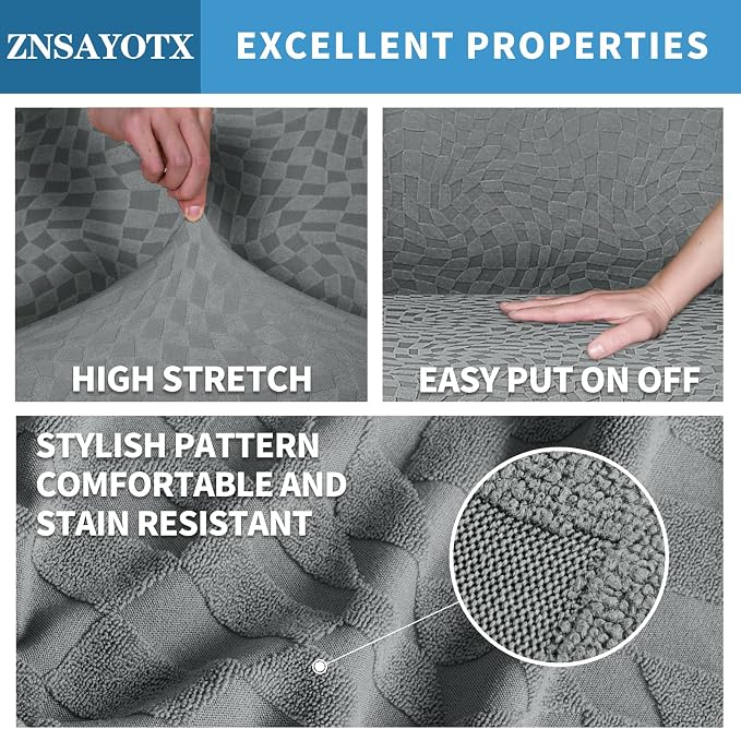 ZNSAYOTX 1 Piece Stretch Oversized Sofa Covers (91"-112"), New Plaid Couch Cover with Non-Slip Buckle for Dog Pets, Ultimate Soft Cozy Washable X-Large Sofa Slipcover Form Fit Protector, Light Grey - Image 3