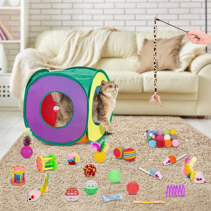 Retro Shaw Cat Toys Packs,33PCS,Interactive Kitten Toys for Indoor Cats | Kitty Game Tunnel Cat Feather Teaser Wand Springs Pompom Ball Bells Plush Mouse,15.7" - Image 7