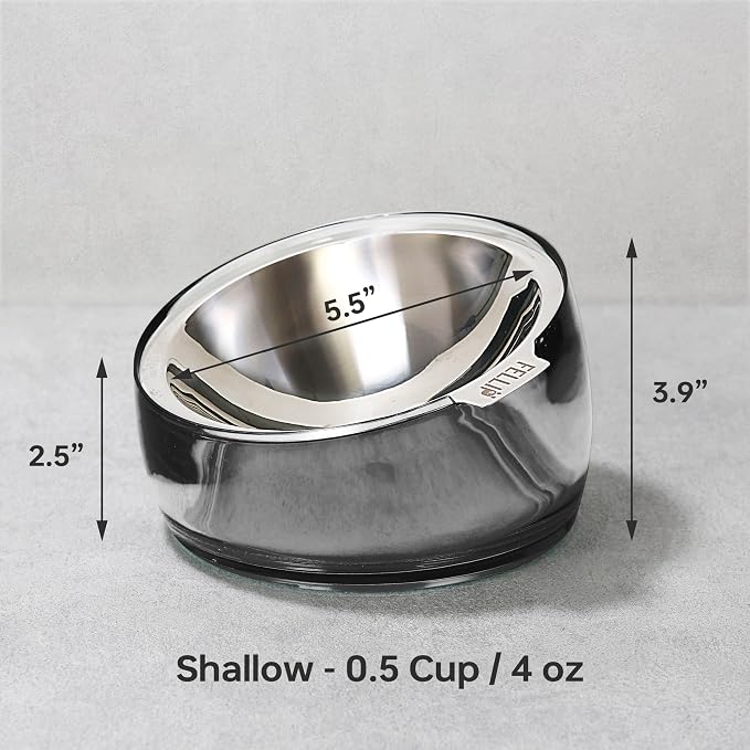 Felli Oblik Elevated Cat Bowl Removable Stainless Steel Wide Dish for Dry Wet Food Feeding & Dishwasher Clean, Slanted Whisker Fatigue Friendly Metal Plate (Smoky, 0.5 Cups Shallow Dish) - Image 3