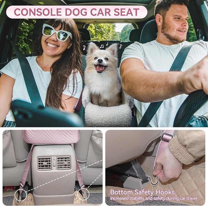 PETSFIT Cat Car Seat, Portable Console Dog Car Seat with Safe Protective Hooks, Luxury Pet Car Seat Includes Safety Leash and Storage Pocket for Pets Up to 9 lbs (Pink) - Image 2
