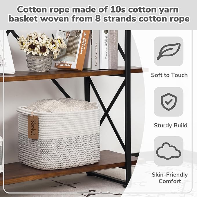 Goodpick Woven Rope Storage Basket for Shelves, Rectangle, Mix White | 13" × 10" × 9" Stylish Gift Basket for Nursery & Bedroom Organization, Cotton Rope Baskets for Toys & Baby Essentials Storage - Image 4