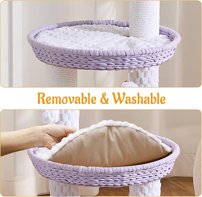 Modern Cat Tree Tower with Scratching Post, 46 Inches Tall Cat Towers with Woven Cat Nests and Cave, Multi-Level Cat Tree With Removable Cushions and Massage Brush for Indoor Cats Large Adult. - Image 4