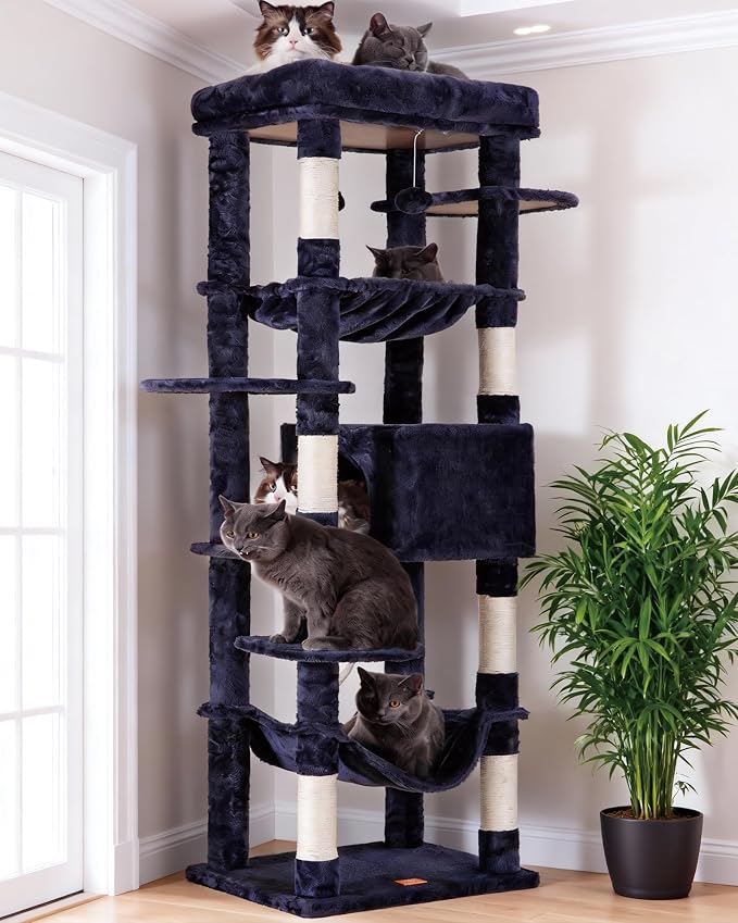 Heybly Cat Tree for Large Cats 20 lbs, 69 inches Cat Tower HCT031G | Heavy Duty Cat Condo for Indoor Cats, Multi-Level Furniture with Big Padded Plush Perch, Cozy Basket, Smoky Gray by HEYBLY