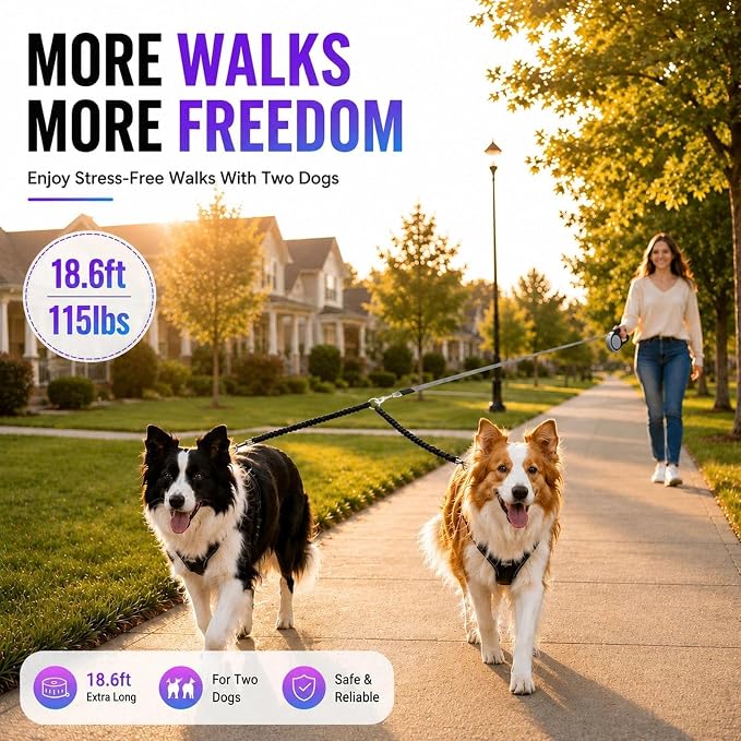 Double Retractable Dog Leash for Two Dogs Up to 115 lbs - 18.6 ft Coupler Leashes for Small Medium Dogs - One Locked System, Non Slip Grip, Tangle Free (Grey) - Image 7