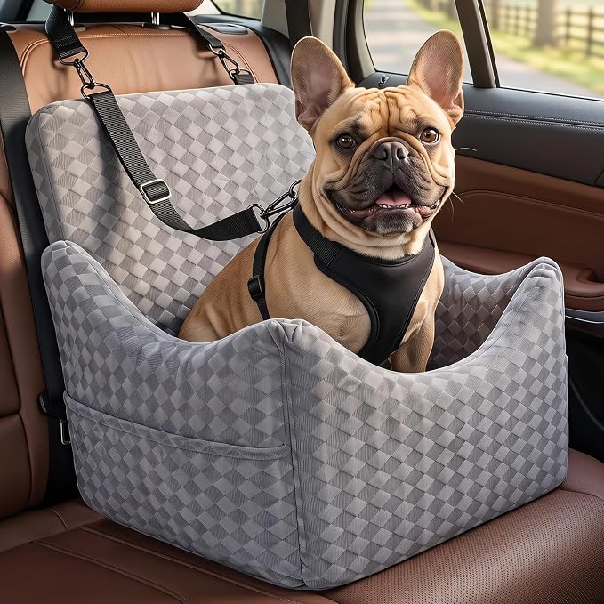 Topmart Dog Car Seat for Small Medium Dogs Under 35lbs, Cozy Pet Seat | Foam Safety Dog Booster Seat for Back Seat, Pet Bed for Car with Safety Tether, Storage Pockets, Machine Washable Cover, Grey by Topmart
