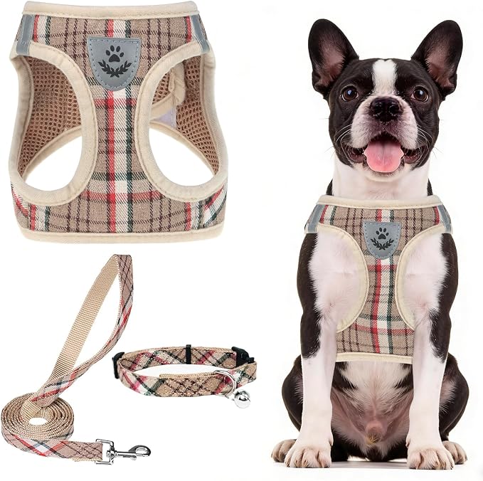 PUPTECK Dog Harness, Collar and Leash Set No Pull for Small Medium Sized | Plaid Puppy Step-in Escape Proof Reflective No Choke Pet Cat Adjustable Walking Vest by PUPTECK