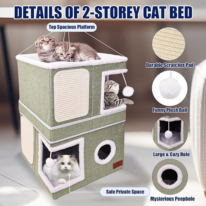 2-Story Cat House for Indoor Cats, Dual-Purpose Cave Bed with Scratch Pad and Fluffy Ball, Foldable Cat Hideaway, Cute Condo Furniture for Multi Small Pet Kitten, Green - Image 5