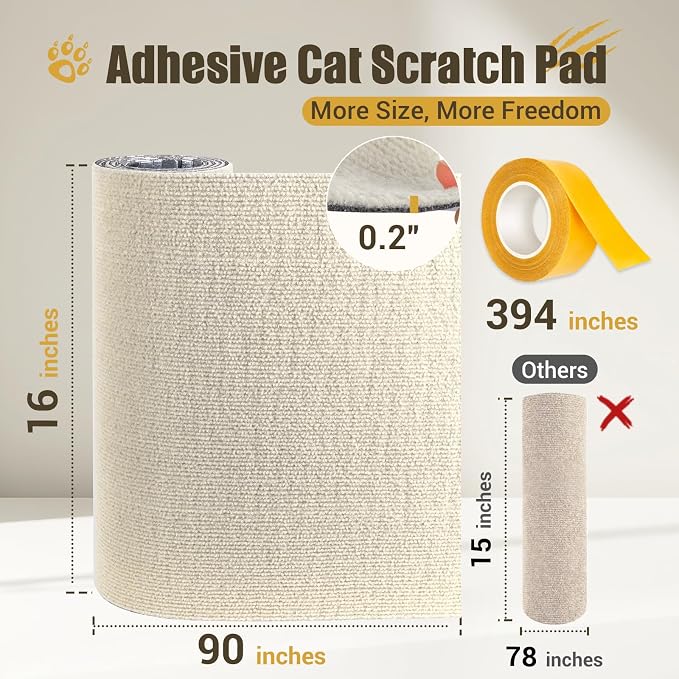 Cat Scratch Couch Protector, 90"x16" Trimmable Anti-Scratch with Grid Tape | Protect Couch from Cat Claws with Double Self-Adhesive Carpet, Great for Sofa & Indoor Wooden Furniture (Off White) - Image 2