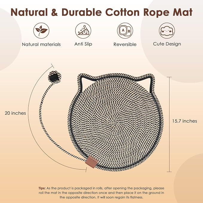 Cat Scratcher Mat, Natural Cotton Rope Cat Scratch Pad, 15.7'' Round Horizontal Floor Cat Scratching Pads for Indoor Cats, Cat Furniture Protector for Wall, Couch, Carpets, Sofas - Image 2