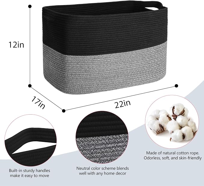 MEGASKET Extra Large Storage Baskets, 22" x 17" x 12" Black Baskets for Organizing, Rectangle Woven Basket for Blankets, Toys, Towels, Laundry, Decorative Wicker Storage Basket, Basket for Decor - Image 2