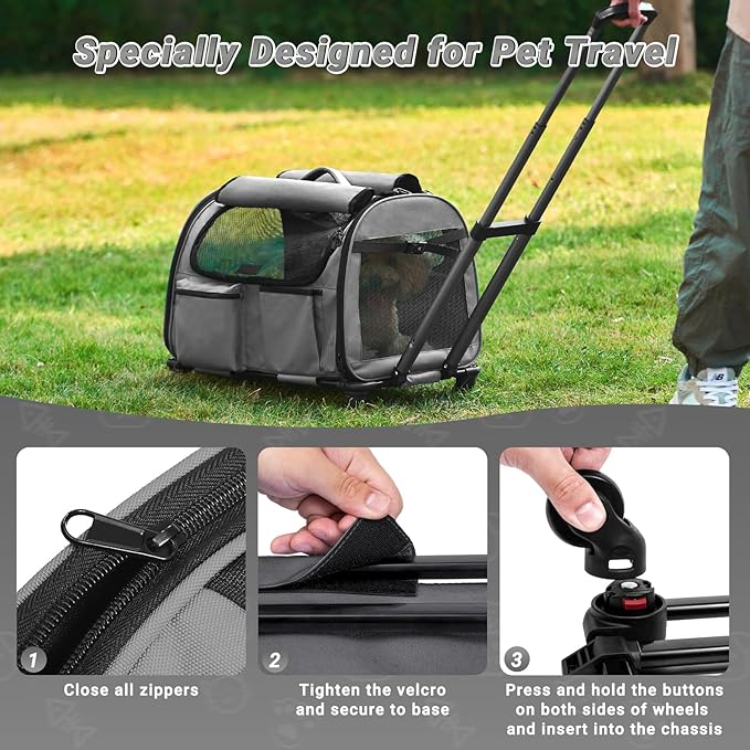 Large Pet Carrier with Wheels, Foldable Rolling Dog Carrier with Big Pocket, Cat Rolling Bag 21"x13"x13" for 2 Cats &Dogs, for Travel, Outdoor, Vet Visits, Camping, Indoor. Gray. (Not for Airline) - Image 4