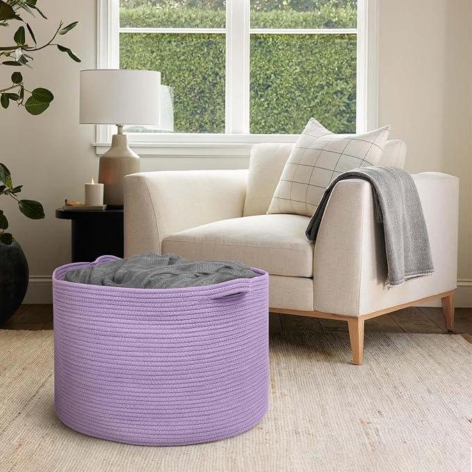 MEGASKET 115L Extra Large Purple Storage Basket, 23.6" X 15.7" Jumbo Woven Cotton Rope Bin for Throw Blankets Pillows, Baby Laundry Basket, Dirty Clothes Organizer, Big Storage Box for Toys, Towels - Image 5
