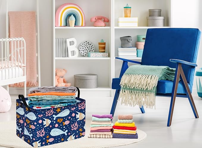 Rectangle Gift Storage Basket Home Shelf Storage Basket Organizer Box Clothes Laundry Hamper Nursery Basket Laundry Basket with Handles (Whale) - Image 3