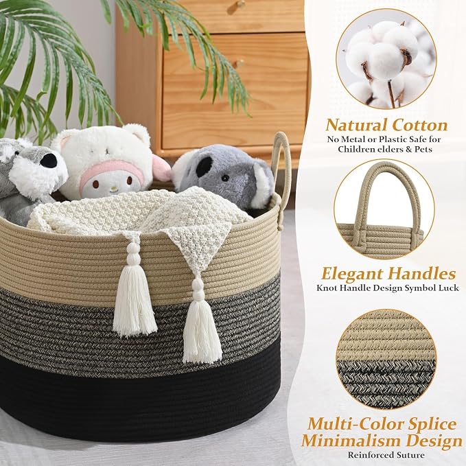 67L Large Woven Blanket Basket, Cotton Rope Baby Laundry Hamper with Handles, Kids Toy Basket for Classroom & Nursery, Soft Round Stuffed Animal Storage, Dog Toy Bin - 20"x13", Black & Brown - Image 3