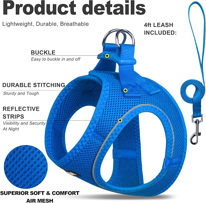 Fida Comfy Dog Harness with Leash, Cat Vest Harness Escape Proof, Breathable Lightweight Soft Mesh, Adjustable Reflective Step-in Harness for Puppy Toy Breeds & Extra-Small Pet (XXS, Blue) - Image 2