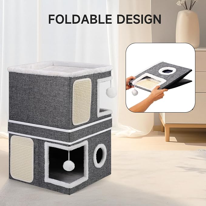 Shikha 2 Story Cat House beds for Indoor Cats with Scratch Pads Grey | 2 in 1 Dual Use Double Cat Bed Cave for Multiple Pets Kitten, Elevated Perch for a Wide View, All Season Reversible Cushion - Image 7