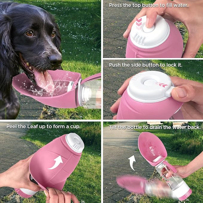 Uppetly Dog Water Bottle, Pet Water Bottle with Food Container and Drinking Feeder, Leak Proof, BPA-Free, Portable Foldable Puppy Water Cup Dispenser for Outdoor Walking, Travel, Hiking Large Pink - Image 4
